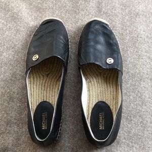 Michael Kors Black Leather Espadrille Slip-Ons with Gold Logo